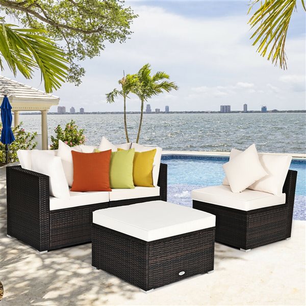 Costway Brown Metal and Rattan Frame Patio Conversation Set with White Cushions Included - 4-Piece