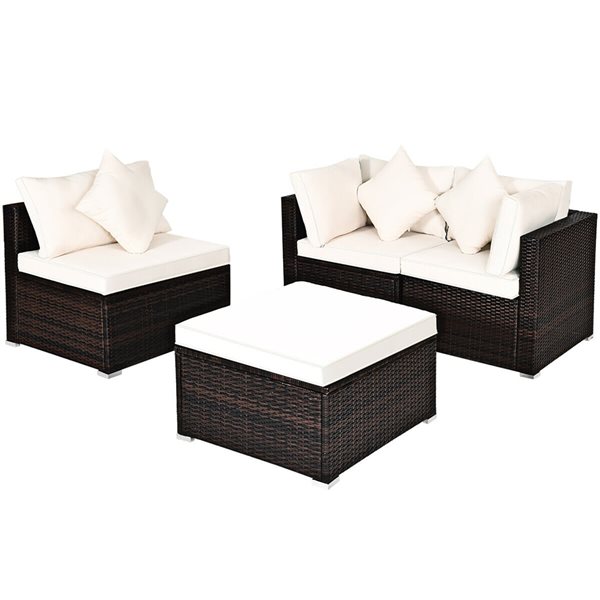 Costway Brown Metal and Rattan Frame Patio Conversation Set with White Cushions Included - 4-Piece