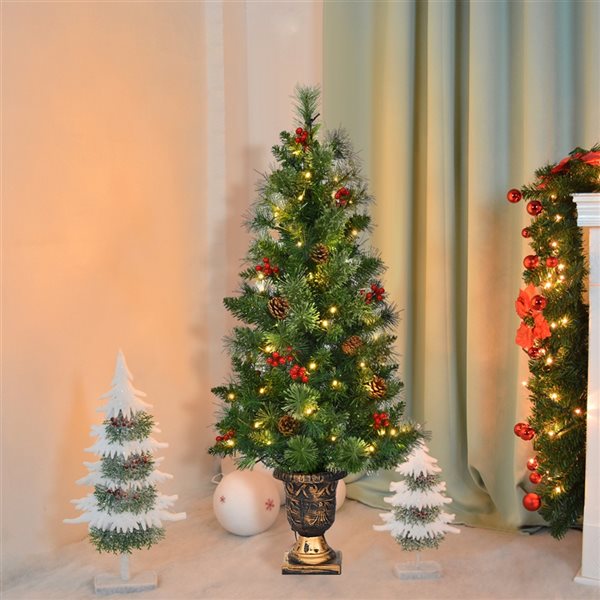 Costway 4-ft Pre-Lit Potted Full Green Artificial Christmas Tree with 60 Constant Warm White LED Lights