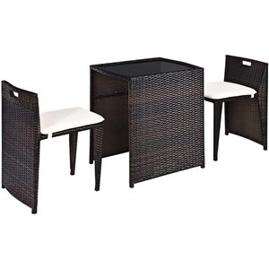 Costway Brown Metal and Rattan Frame Patio Conversation Set with White Cushions Included - 3-Piece