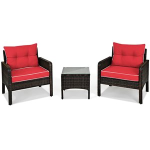 Costway Rattan and Metal Frame Patio Conversation Set with Red Cushions Included - 3-Piece