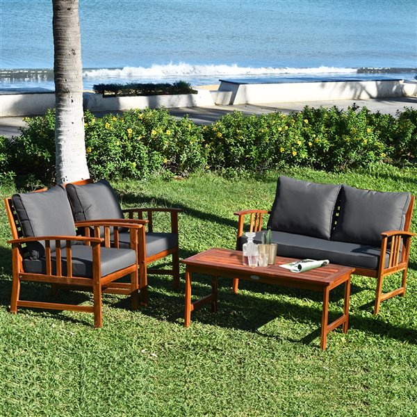 Costway Wood Frame Patio Conversation Set with Grey Cushions Included - 4-Piece