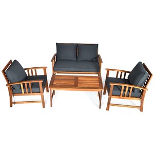 Costway Wood Frame Patio Conversation Set with Grey Cushions Included - 4-Piece