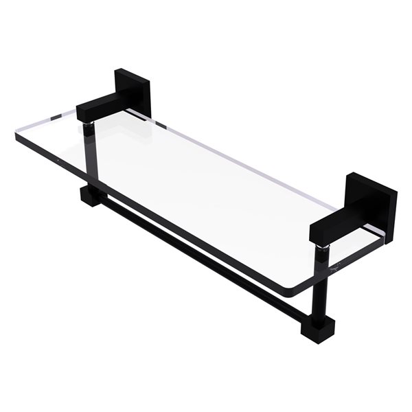Allied Brass Montero Matte Black 1-Tier Wall Mount Glass Bathroom Shelf with Towel Bar