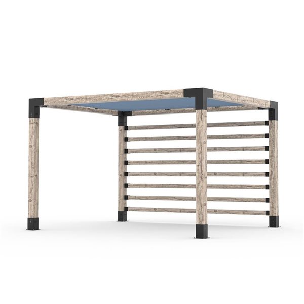 Ensemble pour pergola adossée par Toja Grid de 10 pi x 12 pi pour bois 6 x 6, mur KNECT 4 x 4 et auvent en denim inclus