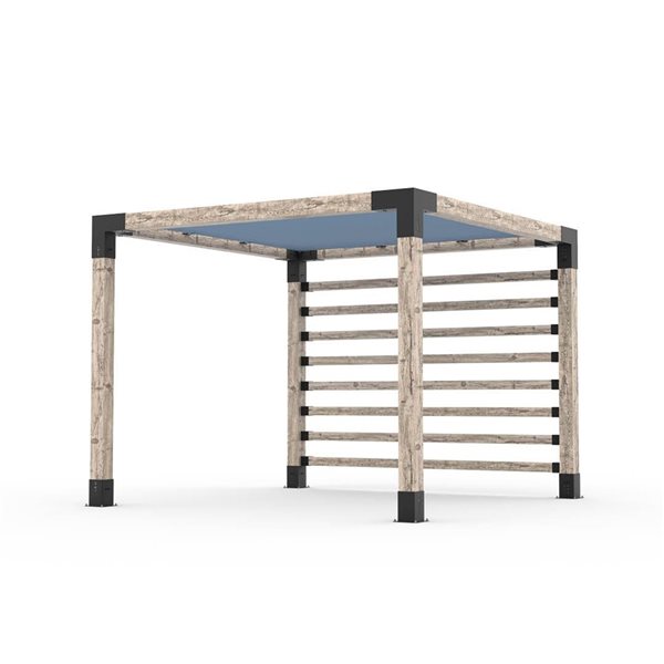 Ensemble pour pergola adossée par Toja Grid de 10 pi x 10 pi pour bois 6 x 6, mur KNECT 4 x 4 et auvent en denim inclus