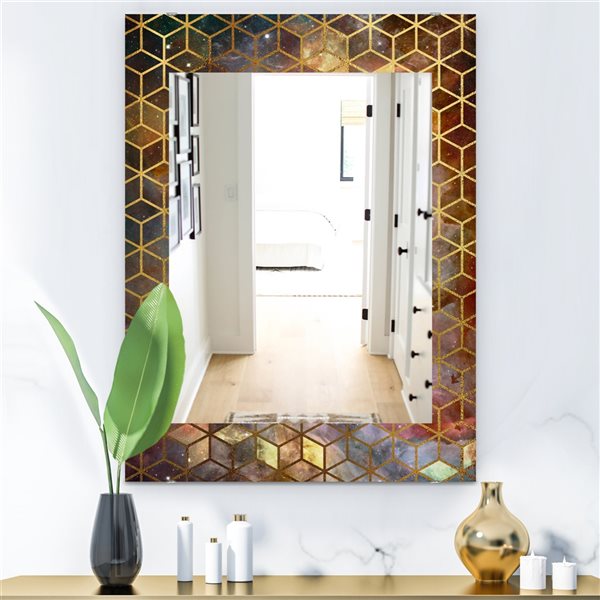 Designart 35.4-in x 23.6-in Capital Gold Honeycomb 9 Modern Mirror Wall Mirror