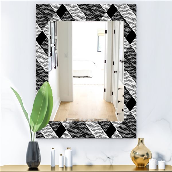 Designart 35.4-in x 23.6-in Black and White Check Stipes Pattern Modern Mirror Wall Mirror