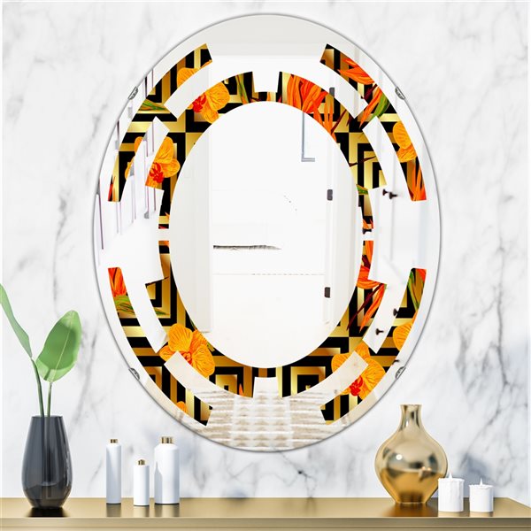 Designart 23.7-in x 35.4-in Tropical Gold Luxury Pattern III Modern Oval Wall Mirror