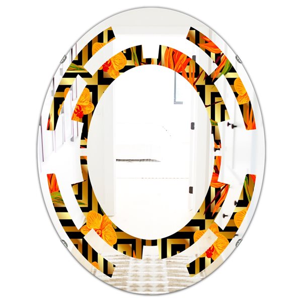 Designart 23.7-in x 35.4-in Tropical Gold Luxury Pattern III Modern Oval Wall Mirror