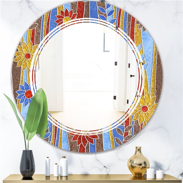 Designart Floral Retro Pattern III 24-in L x 24-in W Polished Round Wall Mirror