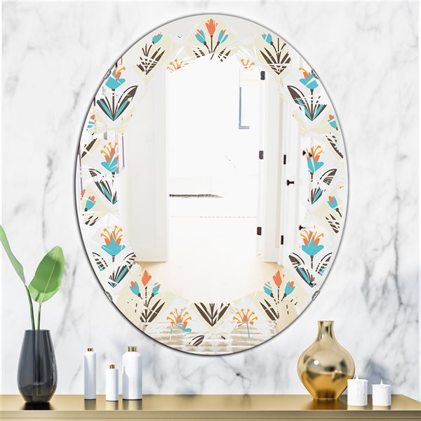 Designart Oval Pattern with Floral Ornament 35.4-in L x 23.7-in W Polished Wall Mirror