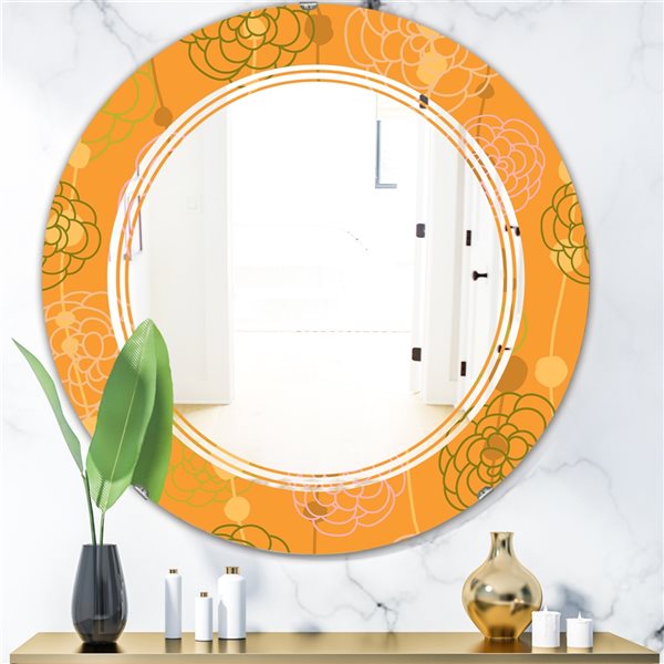 Designart 24-in x 24-in Orange Retro Hand Drawn Flowers III Decorative Wall Mirror