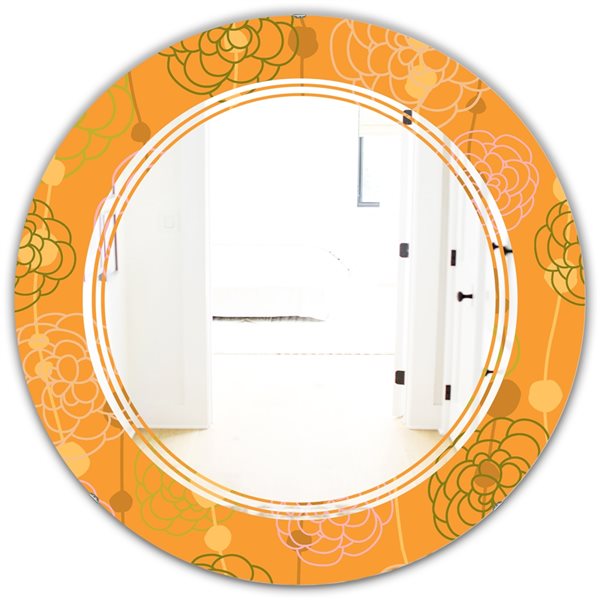 Designart 24-in x 24-in Orange Retro Hand Drawn Flowers III Decorative Wall Mirror