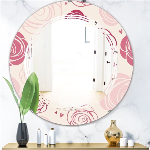 Designart 24-in Pink Roses Pattern Modern Round Wall Mirror