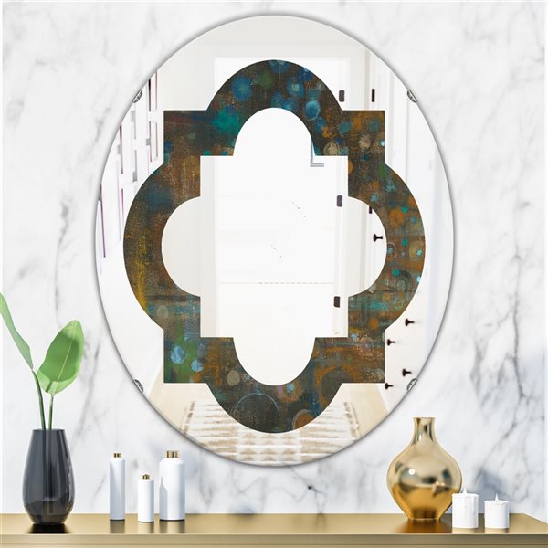 Designart 35.4-in x 23.7-in Blue and Bronze Dots on Glass III Oval Wall Mirror