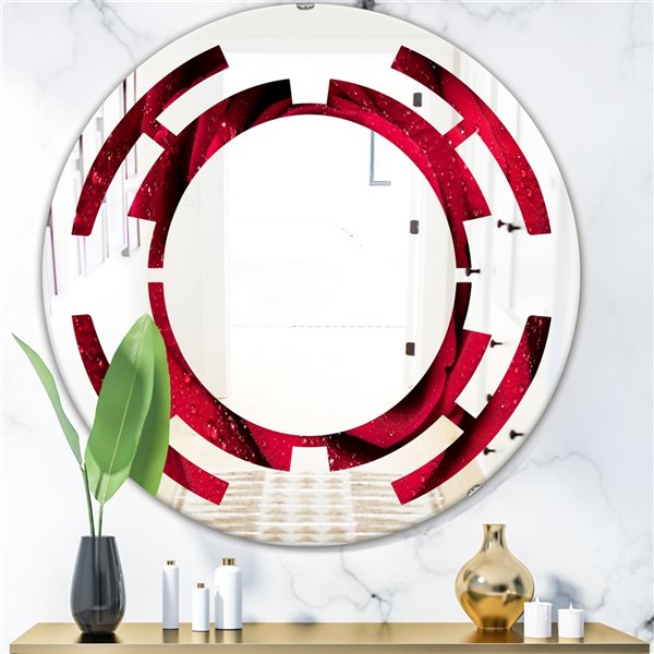 Designart 24-in x 24-in Red Rose Petals with Rain Droplets Modern Round Wall Mirror