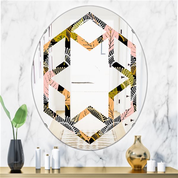 Designart 35.4-in x 23.7-in Multi-Colour Autumn Leaves Lace Textured Pattern Modern Oval Wall Mirror
