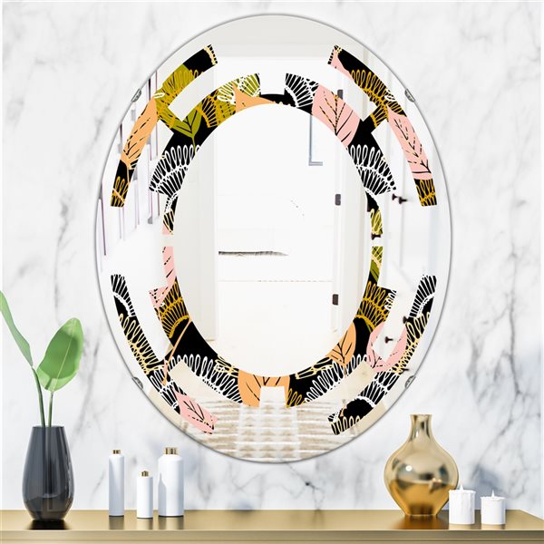 Designart 35.4-in x 23.7-in Multi-Colour Autumn Leaves Pattern Modern Oval Wall Mirror