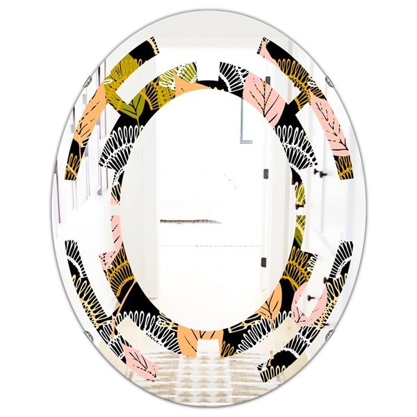 Designart 35.4-in x 23.7-in Multi-Colour Autumn Leaves Pattern Modern Oval Wall Mirror