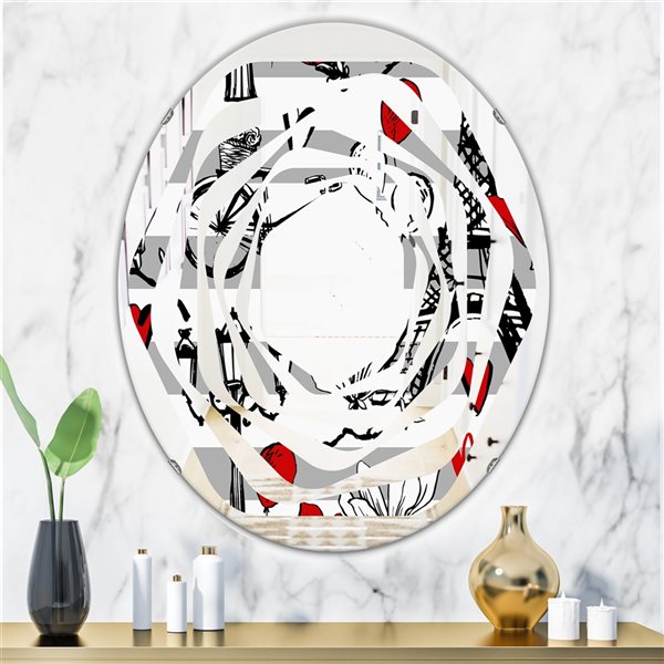 Designart 35.4-in Multi-Colour Paris Eiffel Red Hearts II Cottage Oval Wall Mirror