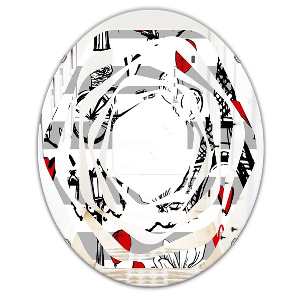 Designart 35.4-in Multi-Colour Paris Eiffel Red Hearts II Cottage Oval Wall Mirror