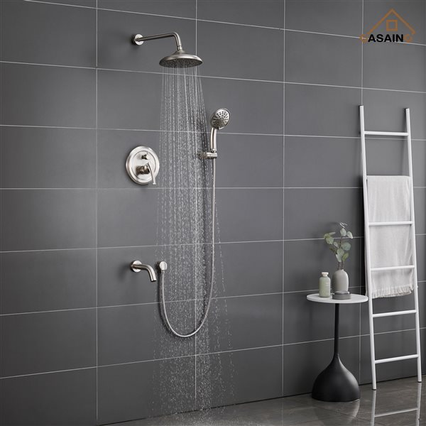 CASAINC Brushed Nickel Wall Mounted Rain Shower Faucet with Pressure Balanced Valve and Bathtub Spout