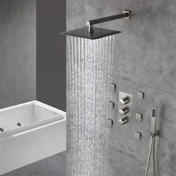 CASAINC Brushed Nickel 3-Way Thermostatic Shower System with Rough-In Valve and 6 Body Jets