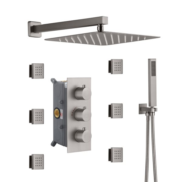 CASAINC Brushed Nickel 3-Way Thermostatic Shower System with Rough-In Valve and 6 Body Jets