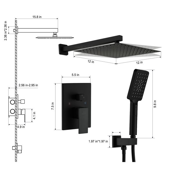 CASAINC Matte Black Wall Mounted Pressure Balanced Complete Shower System with Rough-In Valve