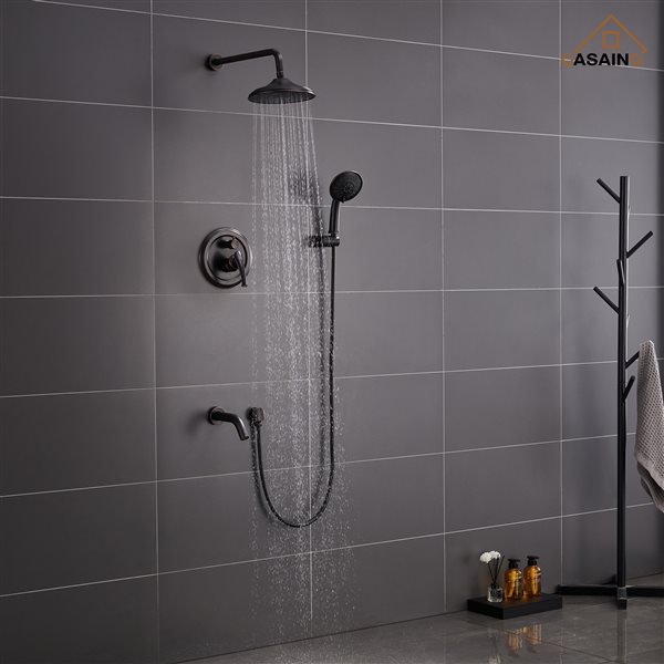 CASAINC Oil-Rubbed Bronze Wall-Mounted Rain Shower Faucet with Pressure Balanced Valve and Bathtub Spout