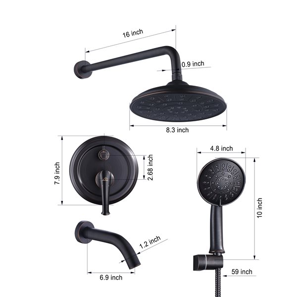 CASAINC Oil-Rubbed Bronze Wall-Mounted Rain Shower Faucet with Pressure Balanced Valve and Bathtub Spout