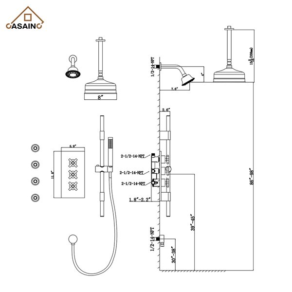 CASAINC Brushed Nickel Shower System with Sliding Bar and 4 Body Sprays