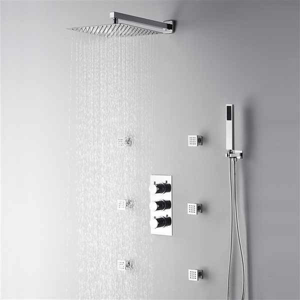 CASAINC Polished Chrome 3-Way Thermostatic Shower System with Rough-In Valve and 6 Body Jets