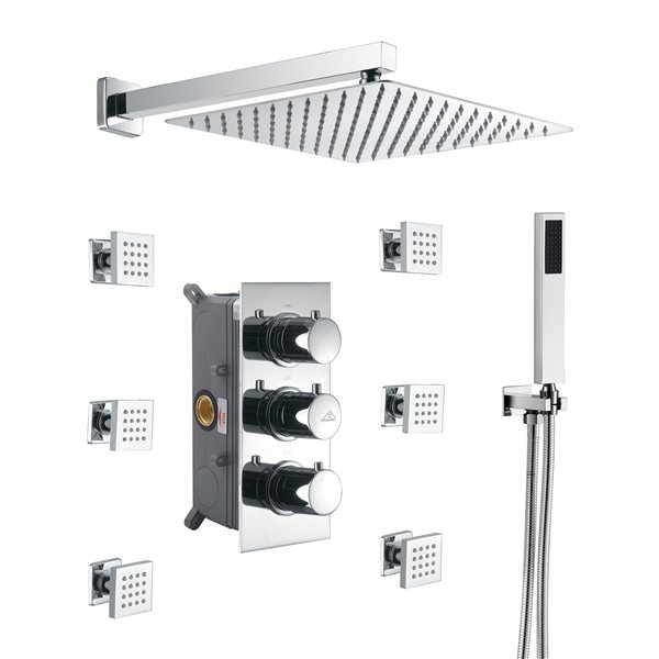 CASAINC Polished Chrome 3-Way Thermostatic Shower System with Rough-In Valve and 6 Body Jets