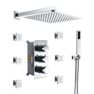 CASAINC Polished Chrome 3-Way Thermostatic Shower System with Rough-In Valve and 6 Body Jets