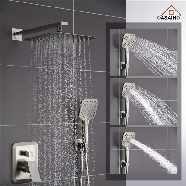 CASAINC Brushed Nickel 3-Spray Wall Mounted Rain Shower Faucet with Pressure Balanced Valve