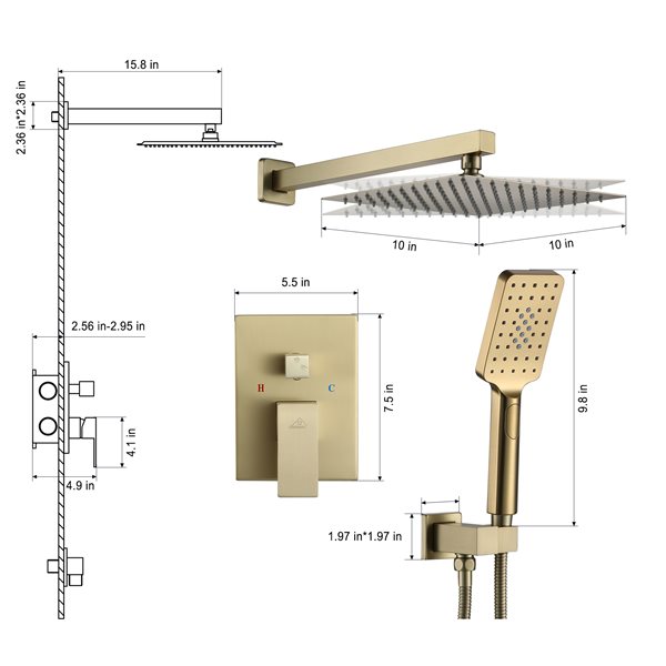 CASAINC Brushed Gold Wall Mounted Pressure Balanced Complete Shower System with Rough-In Valve