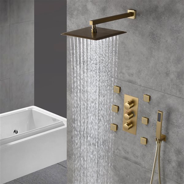 CASAINC Brushed Gold 3-Way Thermostatic Shower System with Rough-In Valve and 6 Body Jets