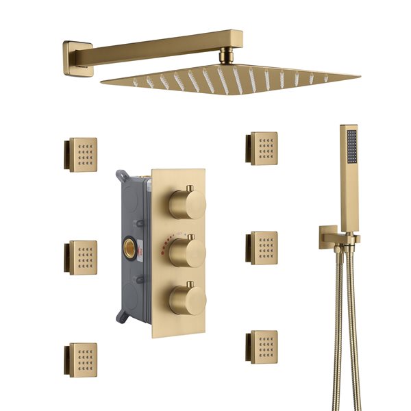 CASAINC Brushed Gold 3-Way Thermostatic Shower System with Rough-In Valve and 6 Body Jets