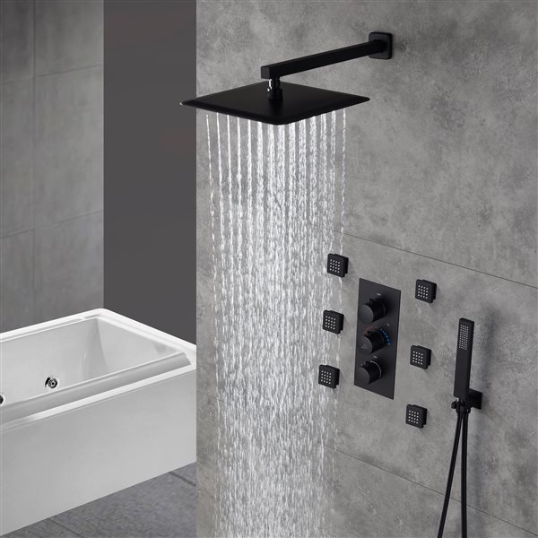 CASAINC Matte Black Thermostatic Shower System with Rough-In Valve and 6 Body Jets