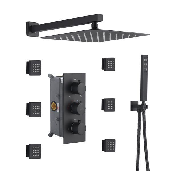 CASAINC Matte Black Thermostatic Shower System with Rough-In Valve and 6 Body Jets