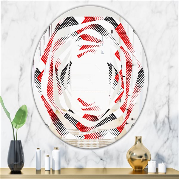 Designart 35.4-in x 23.7-in Red Retro Geometrical Pattern VIII Modern Oval Mirror
