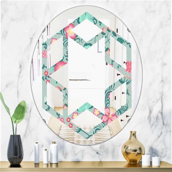 Designart 35.4-in Green Spring Floral Pattern Oval Mirror