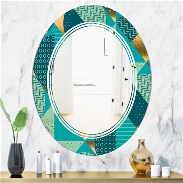 Designart 35.4-in Gold/Blue Dynamics II Modern Oval Wall Mirror