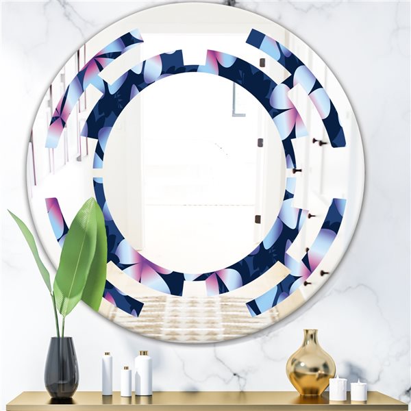 Designart 24-in Blue Retro Frangipani Flowers Round Wall Mirror