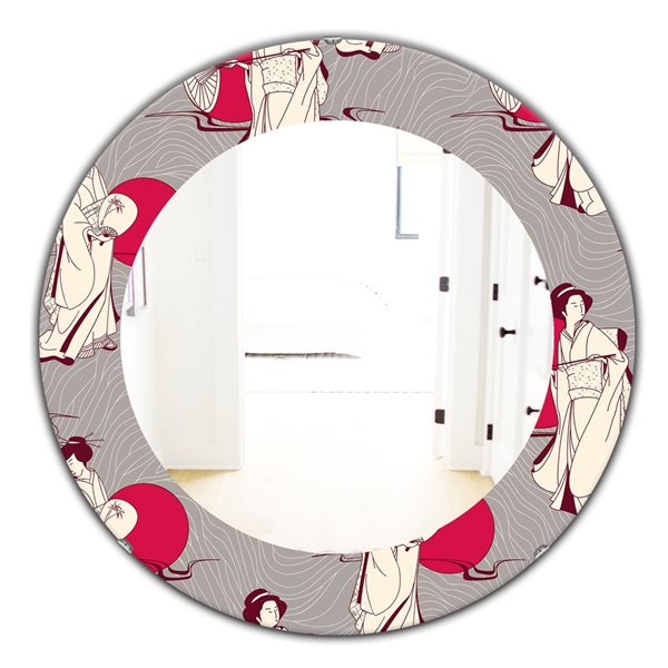 Traditional Geisha Mirror Designart 24-in x 24-in Grey/Silver Traditional Japanese Geisha ...