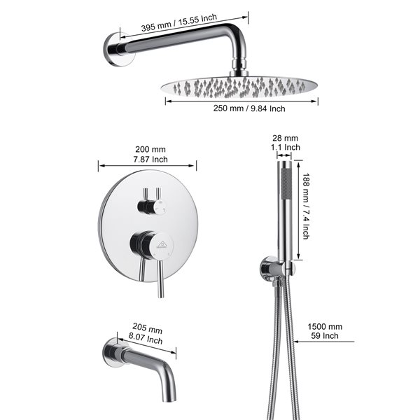 Casainc Polished Chrome 3-Function Wall Mounted Built-in Shower System