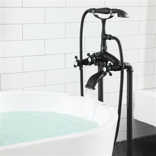 Casainc Matte Black 3-Handle Residential Freestanding Bathtub Faucet with Hand Shower