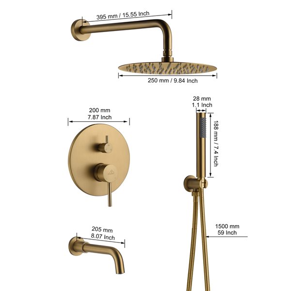 Casainc Brushed Gold 3-Function Wall Mounted Built-in Shower System